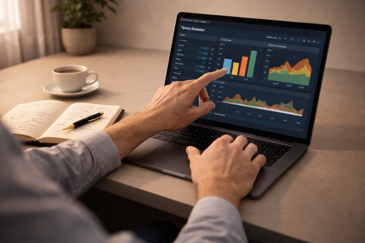 Esperto che analizza statistiche di tennis su notebook con appunti e grafici prestazionali