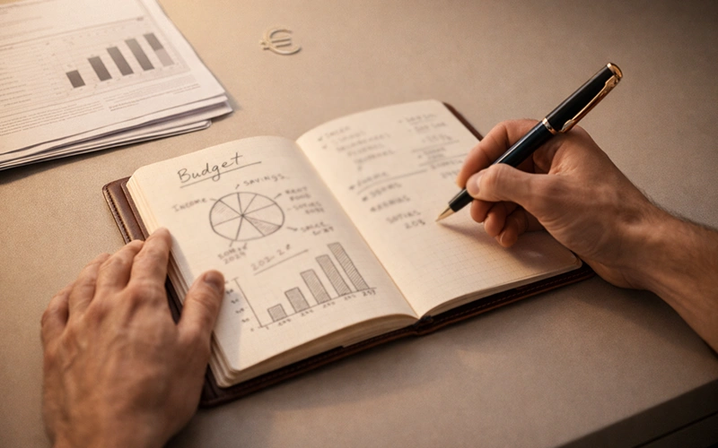 Persona che pianifica il budget con blocco note e simboli di valuta