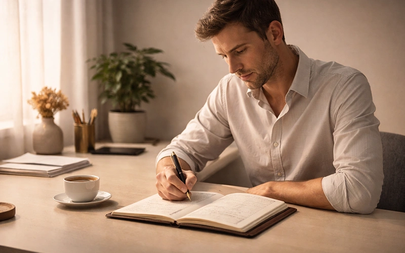 Persona concentrata che prende appunti strategici alla scrivania