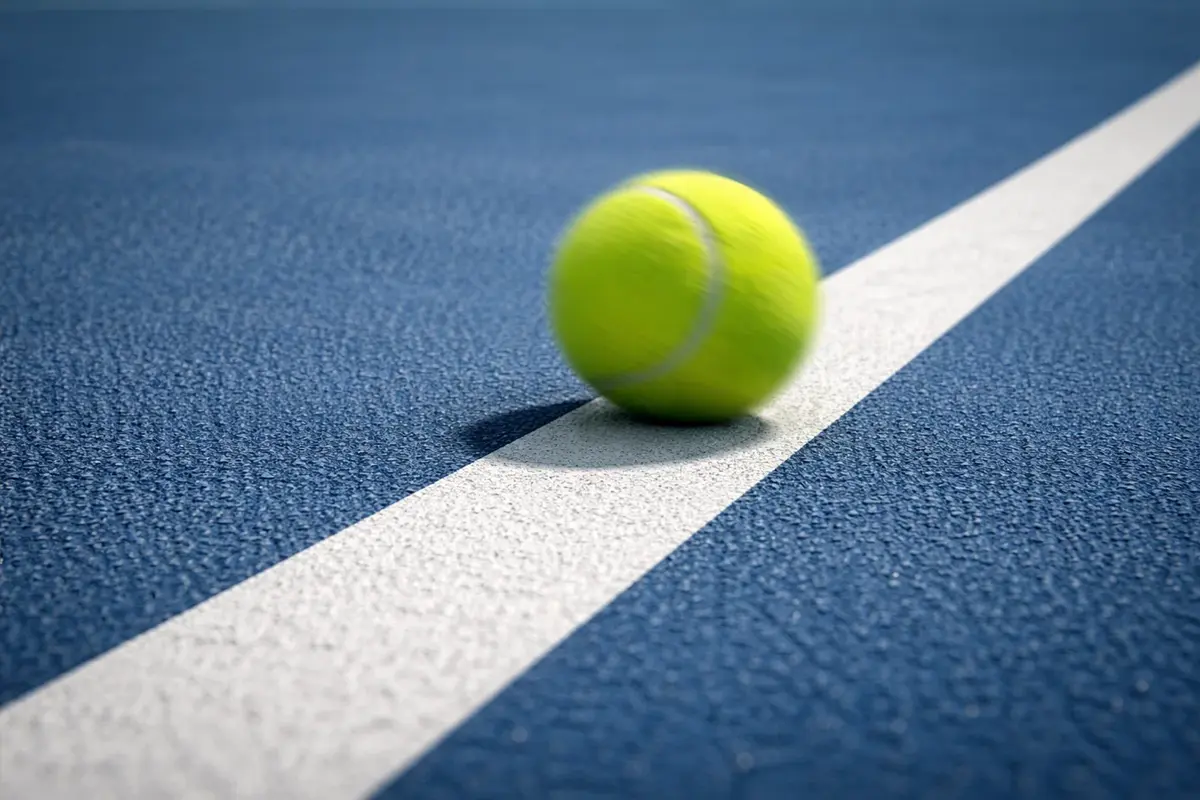 Pallina da tennis che rotola fuori dal campo oltre la linea di fondo