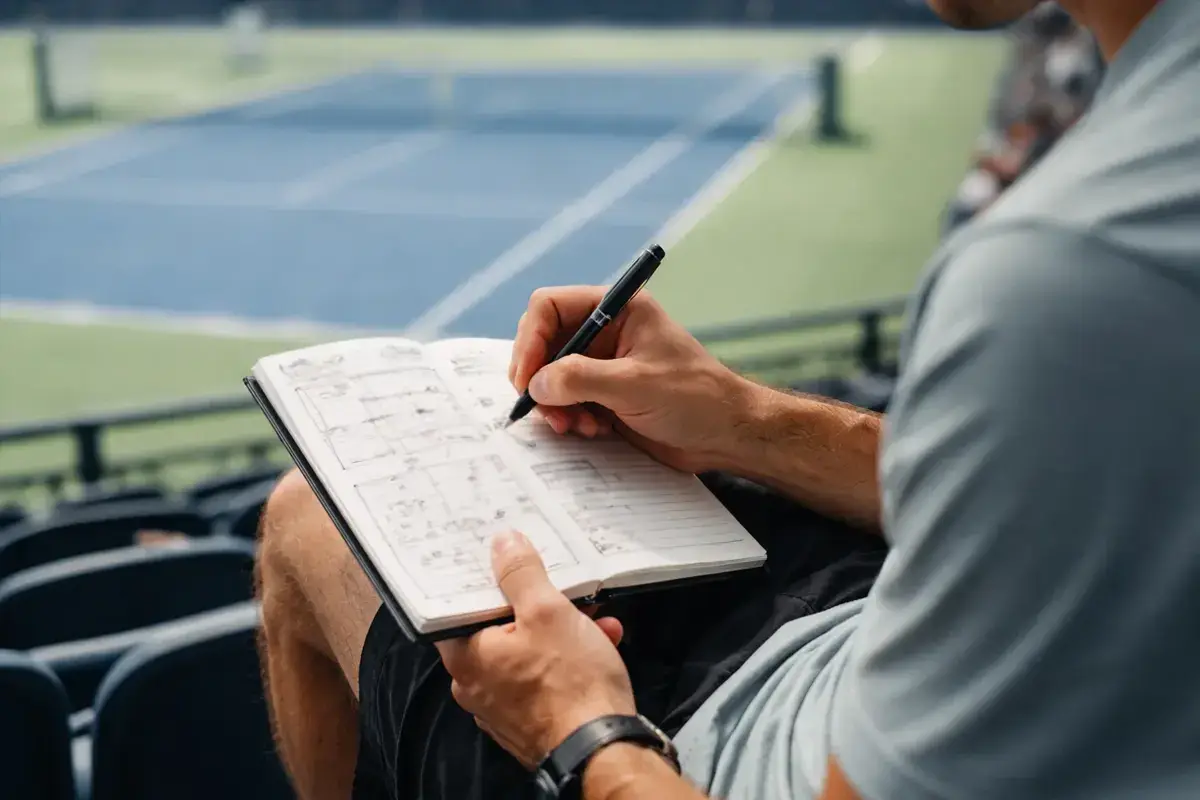 Persona che annota strategie di scommessa su un quaderno accanto a un campo da tennis