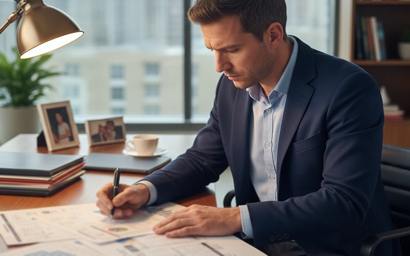 Analista sportivo studia statistiche di tennis su documenti