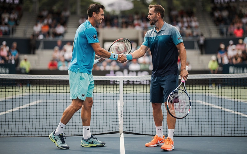 Due tennisti si stringono la mano a rete dopo un match combattuto