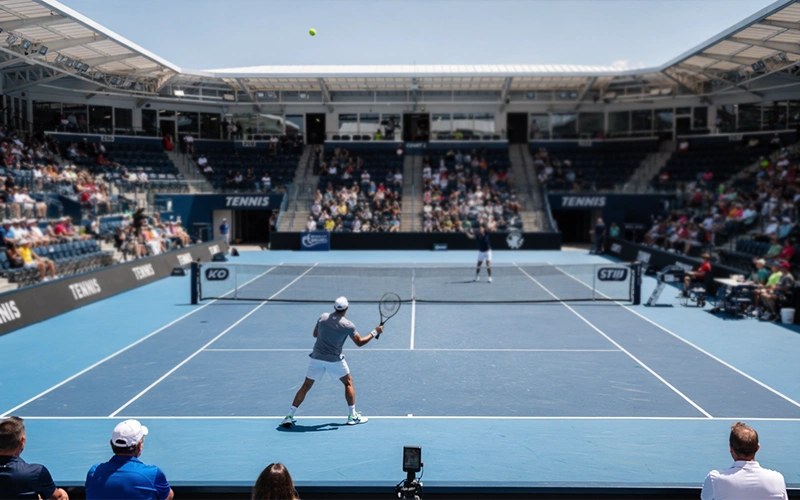Campo da tennis professionale durante un torneo con tribuna sullo sfondo