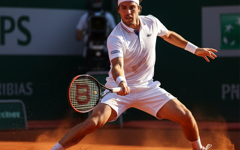 Tennista scivola sulla terra battuta rossa durante uno scambio