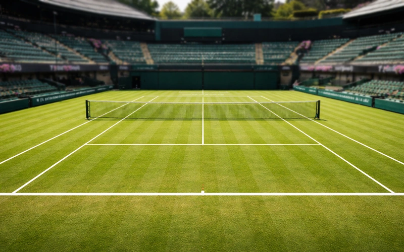 Campo da tennis in erba verde con linee bianche a Wimbledon