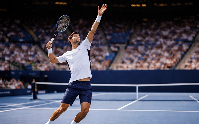 Tennista si prepara a servire su campo professionale