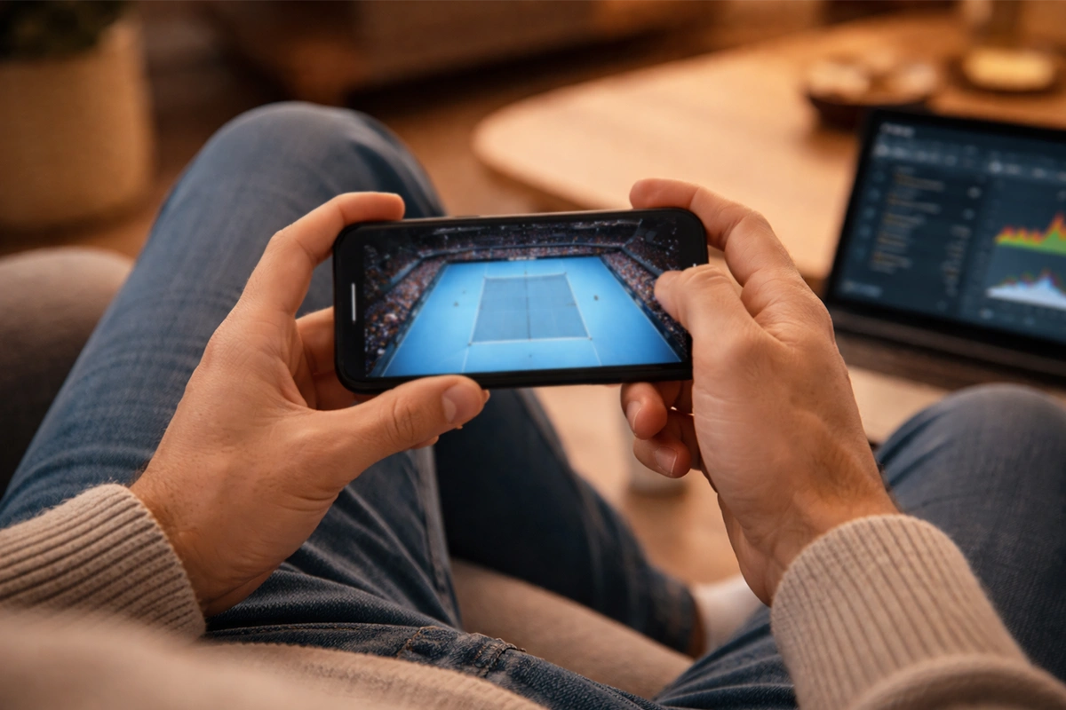 Persona che segue una partita di tennis in diretta su smartphone mentre consulta statistiche live