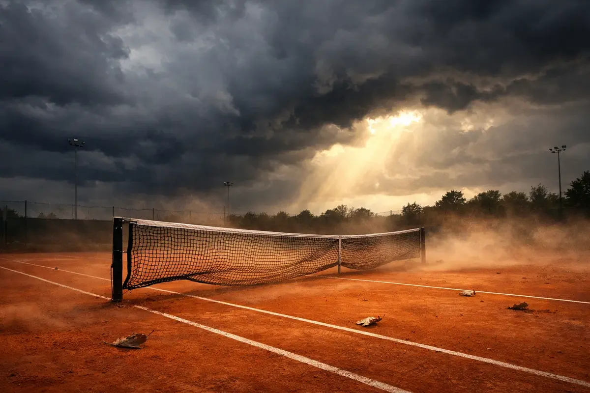 Campo da tennis all'aperto con nuvole scure e vento che solleva la polvere