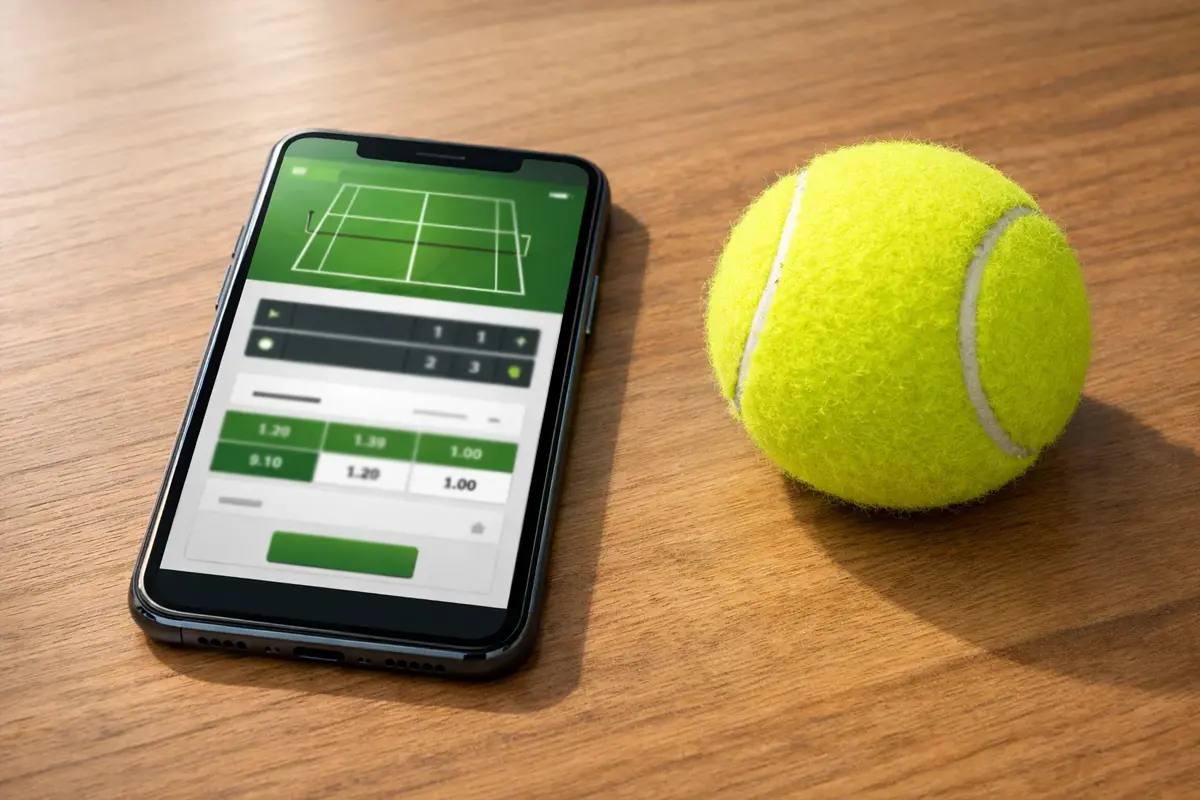 Smartphone con schermata di scommesse su un tavolo accanto a una pallina da tennis