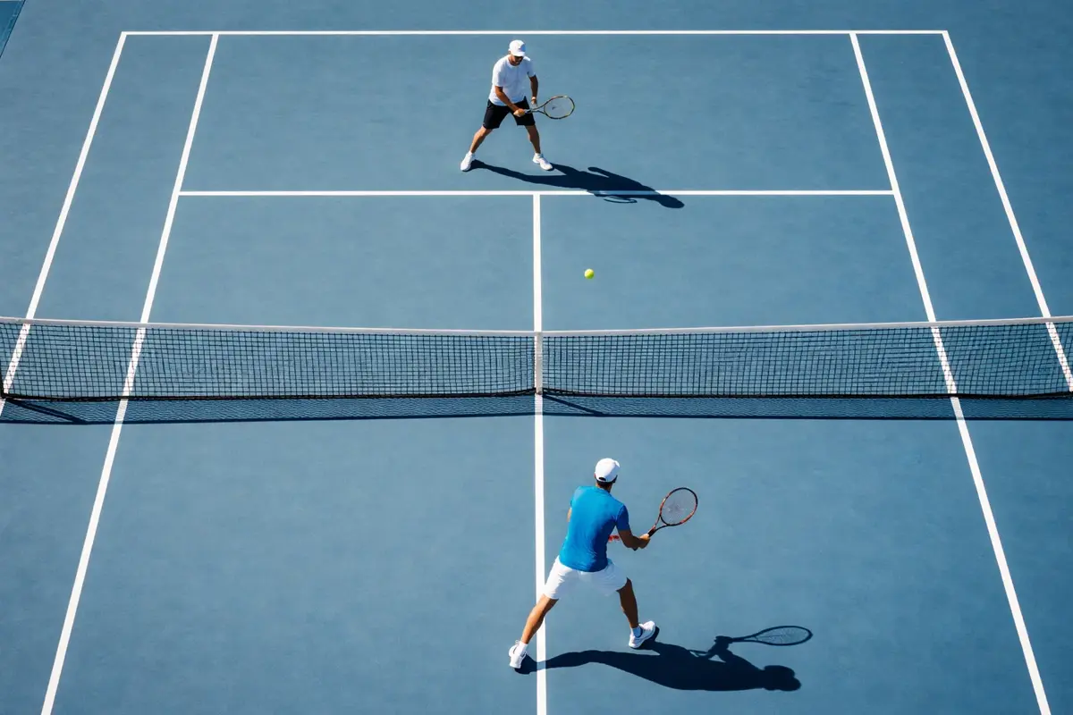 Campo da tennis visto dall'alto durante uno scambio lungo tra due giocatori
