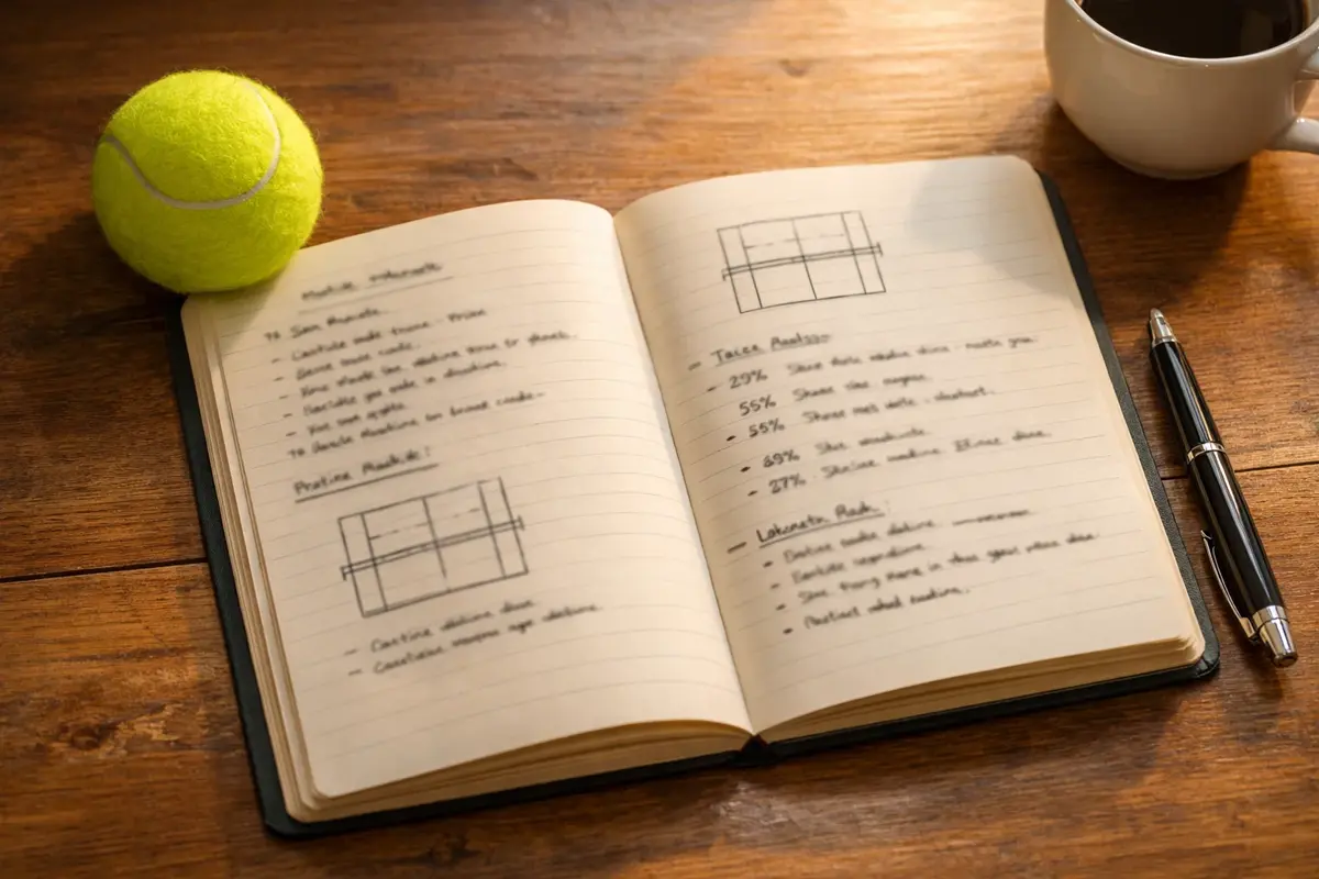 Quaderno aperto con appunti e una racchetta da tennis appoggiata su un tavolo