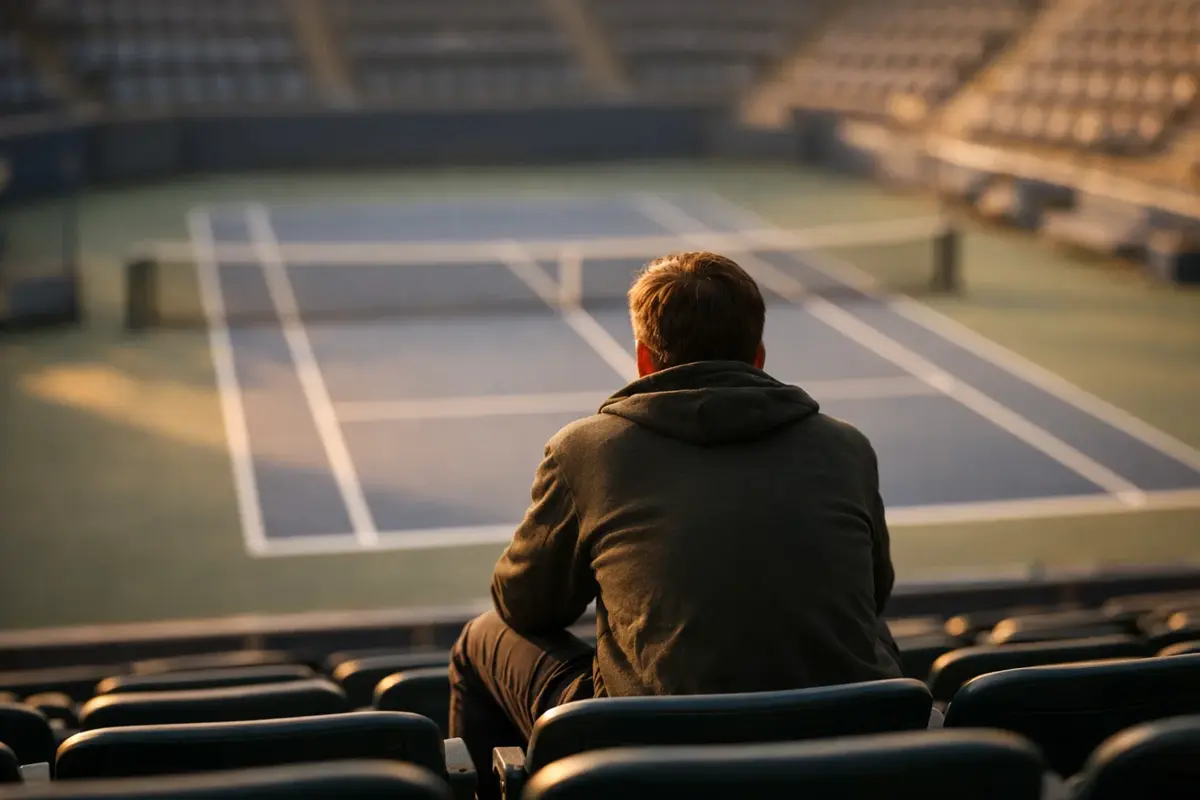 Persona concentrata che osserva un campo da tennis vuoto dalla tribuna