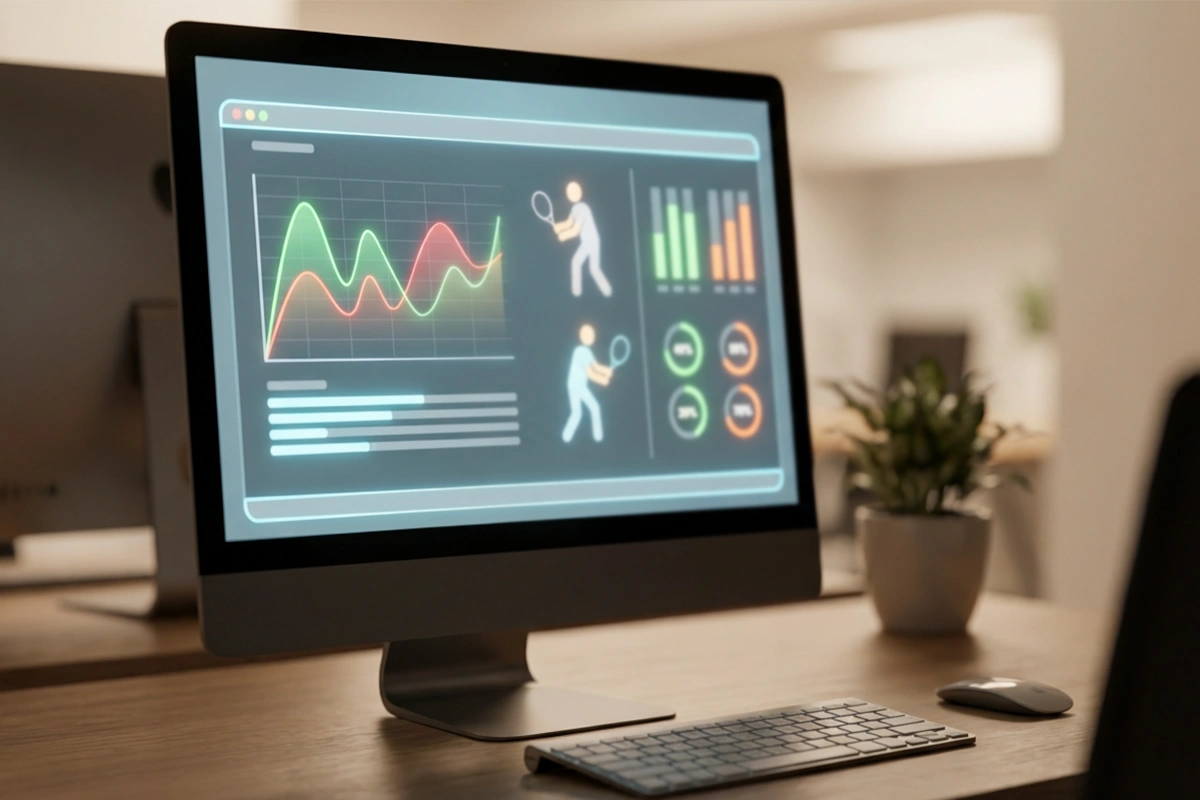Schermo che mostra quote e statistiche di una partita di tennis con grafici di andamento