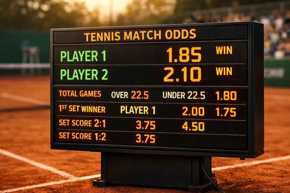 Tabellone luminoso con quote di un match di tennis su un campo da gioco