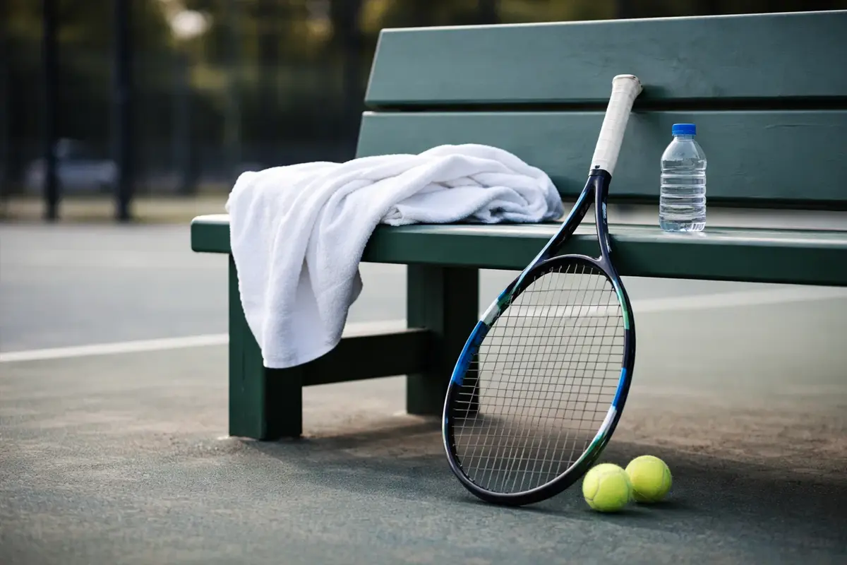 Racchetta da tennis appoggiata a una panchina a bordo campo con asciugamano e bottiglia d'acqua