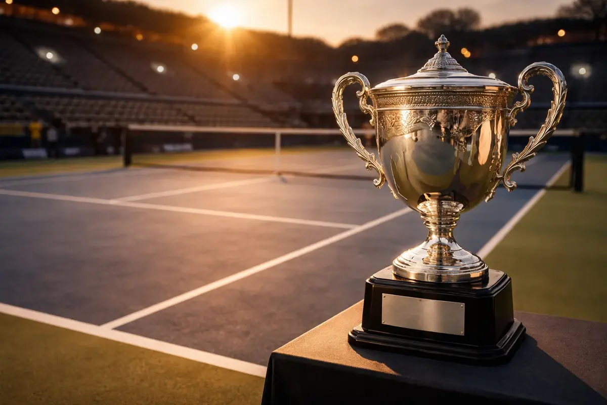 Trofeo di tennis su un campo da gioco illuminato prima di un torneo