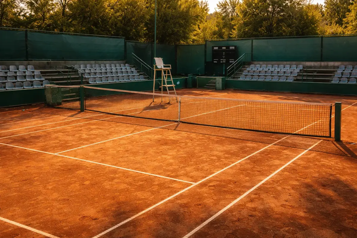 Piccolo campo da tennis di un torneo Challenger con tribune vuote e pochi spettatori