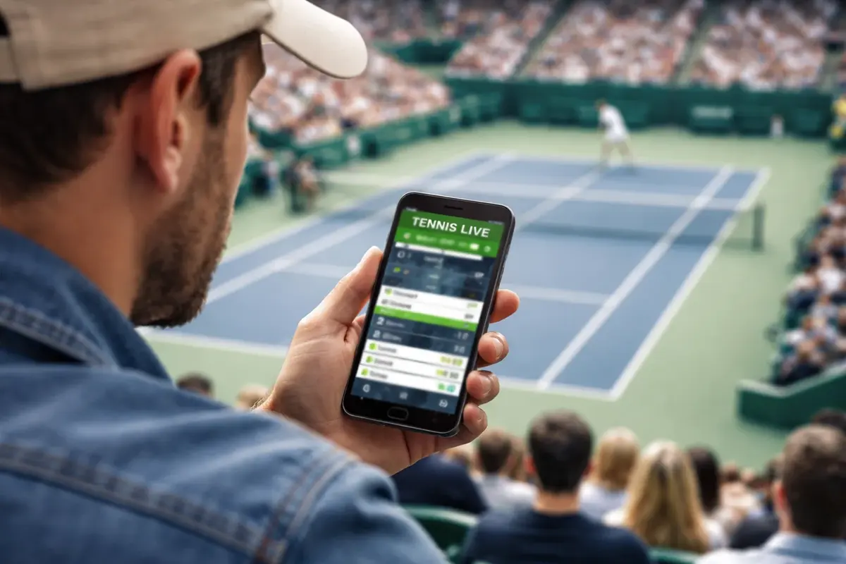 Spettatore guarda un match di tennis dal vivo con smartphone in mano