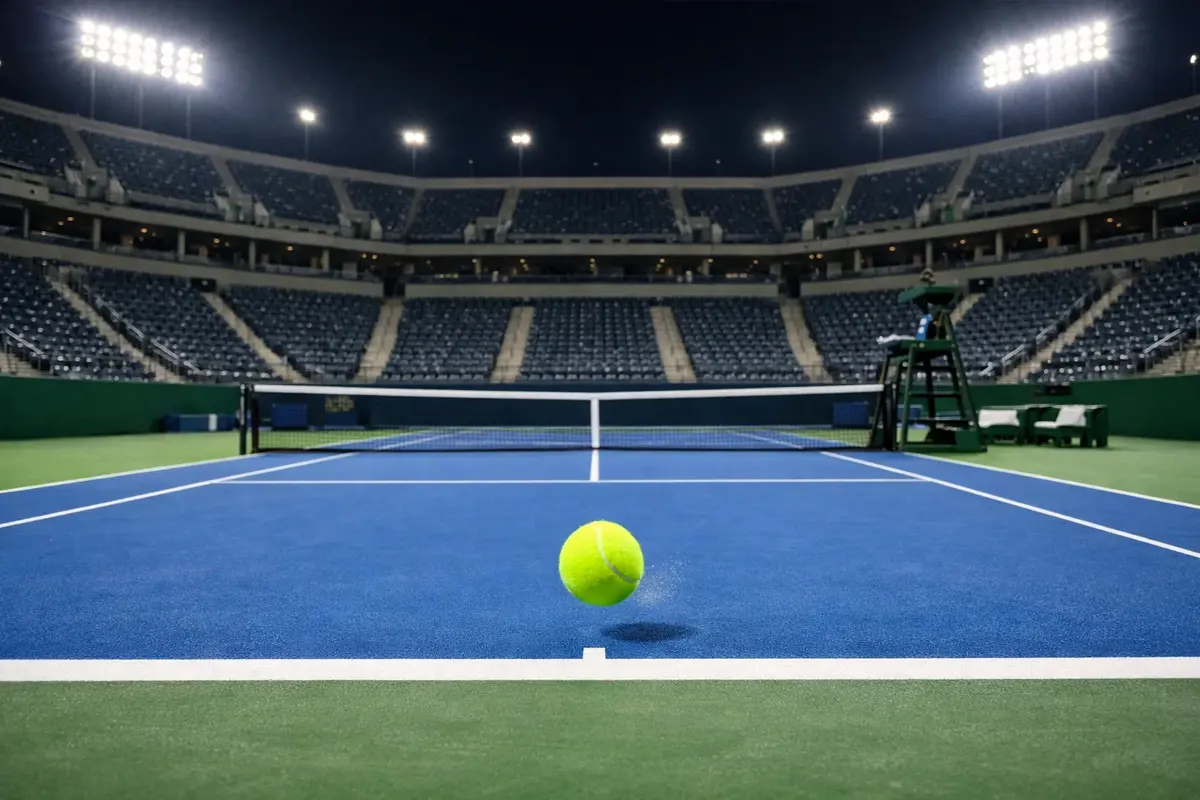 Campo da tennis in cemento di un torneo Masters 1000 con spalti e luci dello stadio