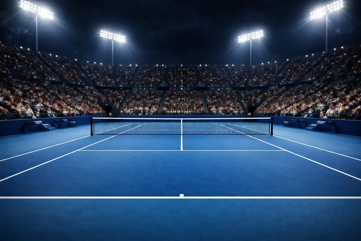 Campo da tennis in cemento blu illuminato per una sessione serale di torneo