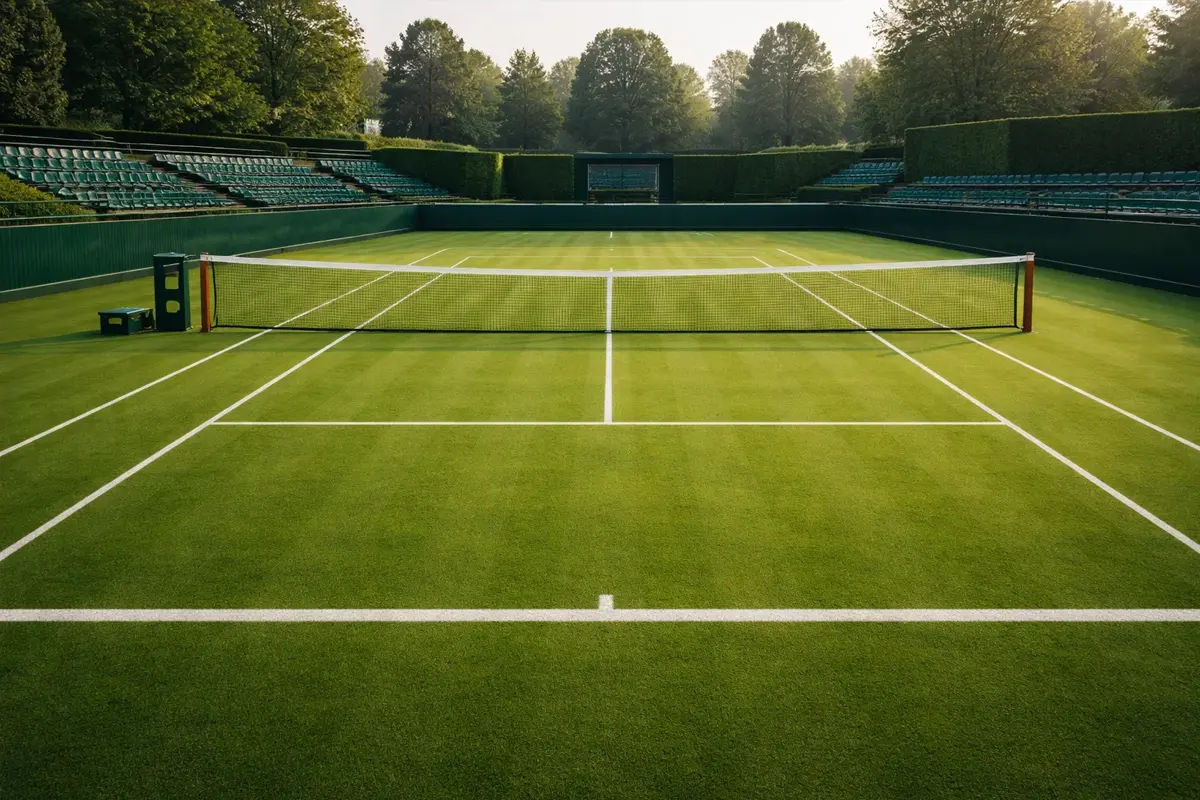Campo da tennis in erba verde perfettamente curato con rete al centro