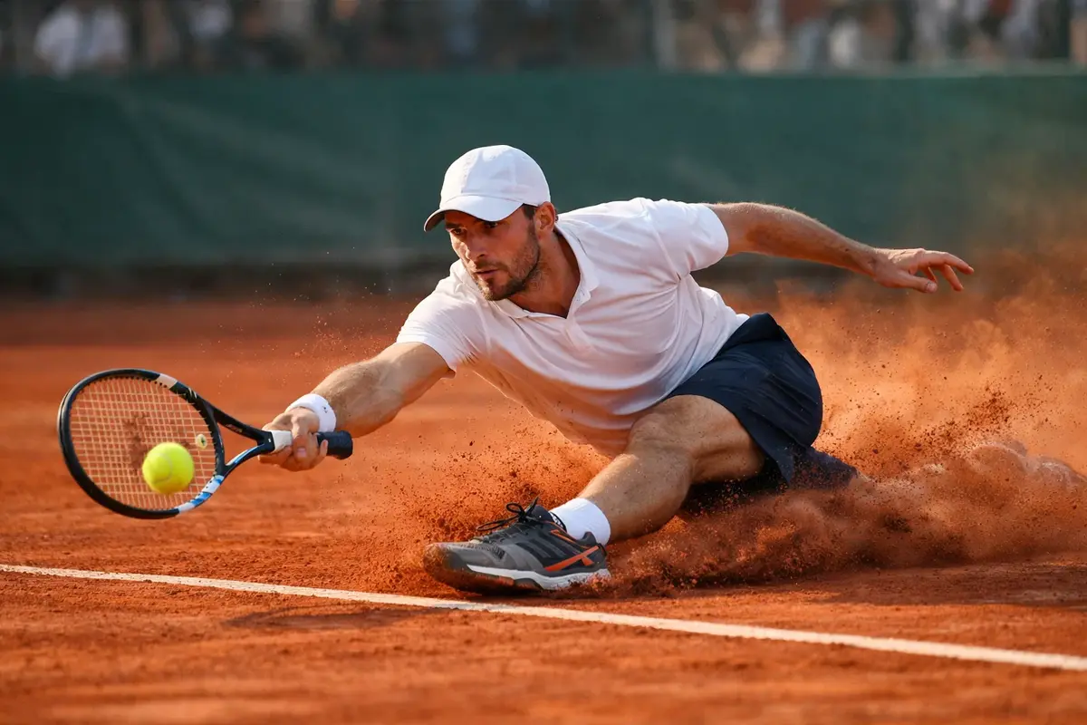 Tennista scivola sulla terra battuta rossa durante uno scambio intenso