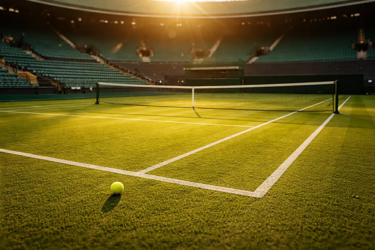 Campo in erba di Wimbledon con rete e righe bianche sotto la luce del sole