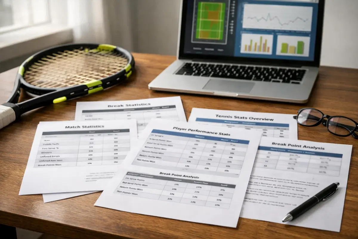 Documento con statistiche di un match di tennis su una scrivania con racchetta