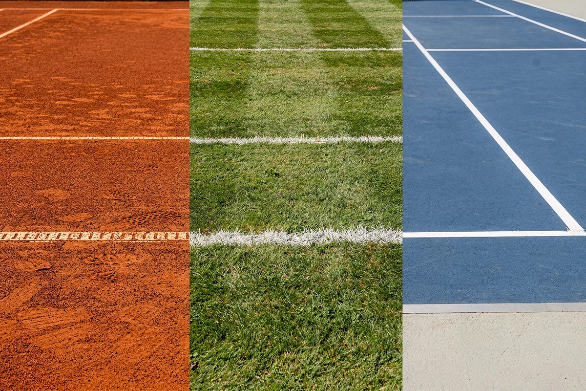 Vista comparativa delle tre superfici del tennis: terra battuta rossa, erba verde di Wimbledon e cemento blu