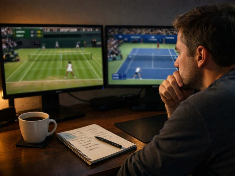 Persona concentrata che analizza dati di una partita di tennis