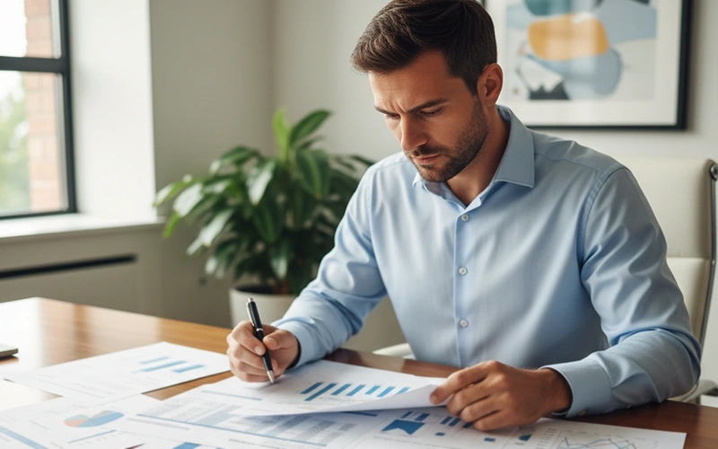 Analista che studia statistiche di tennis su documenti con grafici di rendimento