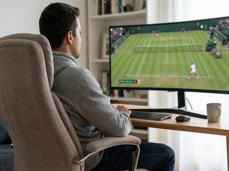Persona che guarda una partita di tennis su uno schermo con statistiche