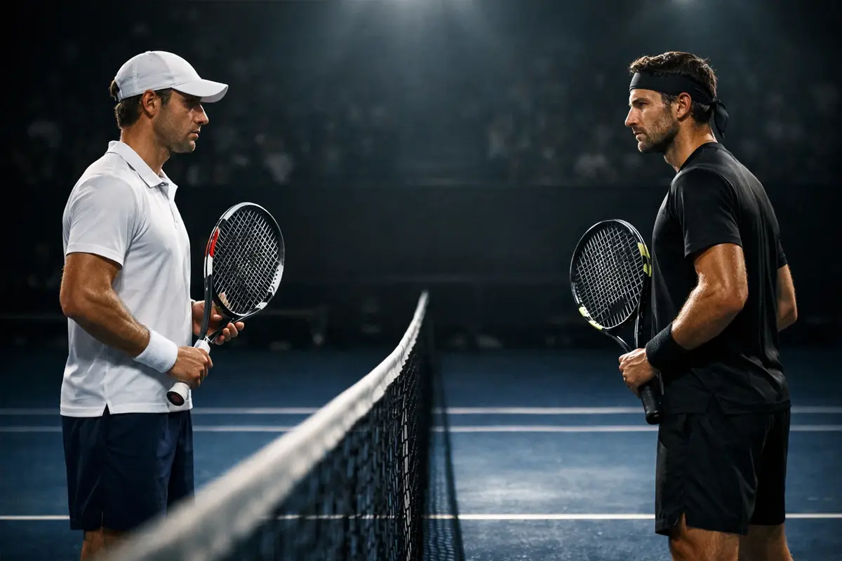 Due tennisti si fronteggiano a rete su un campo da tennis prima di un match
