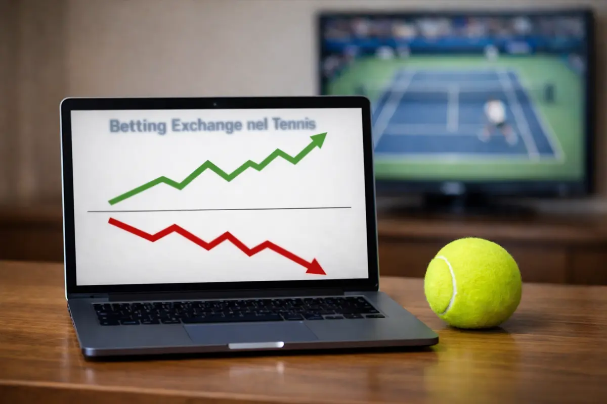 Schermo di un laptop con grafici di quote in movimento durante un match di tennis