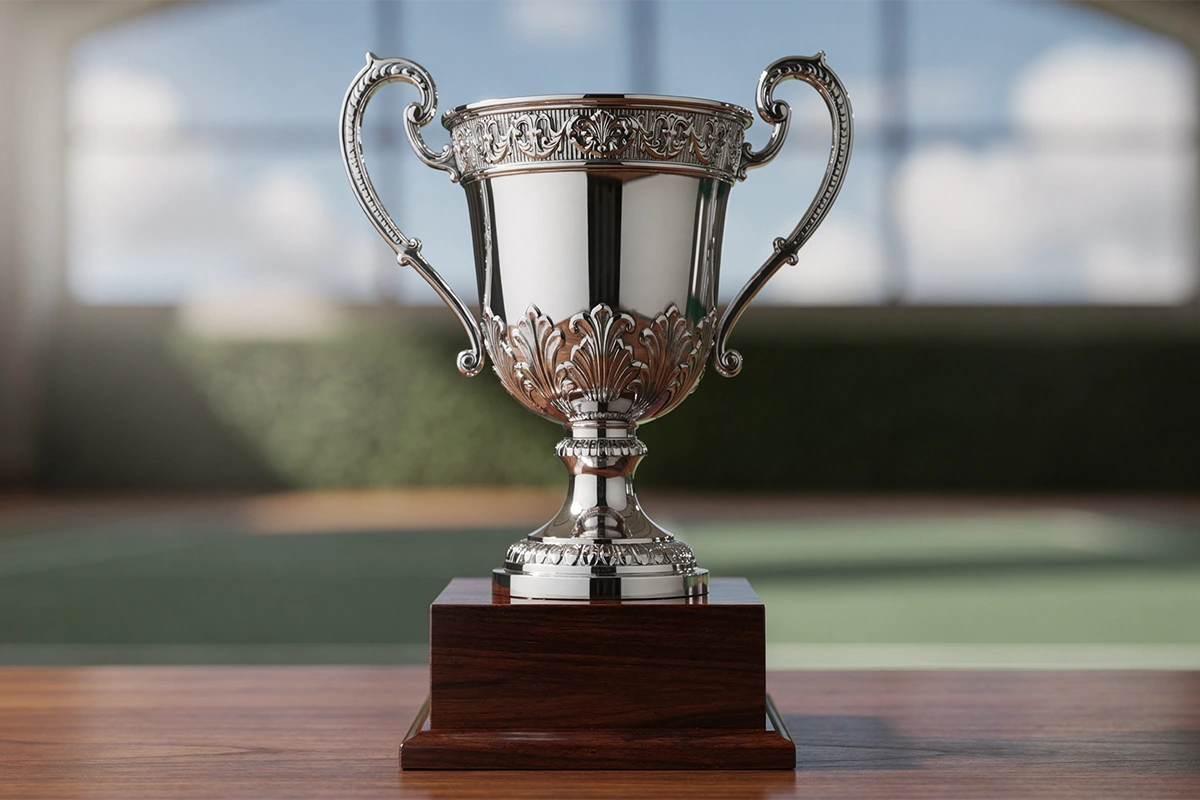 Trofeo di un torneo del Grande Slam di tennis esposto su un piedistallo con sfondo del campo