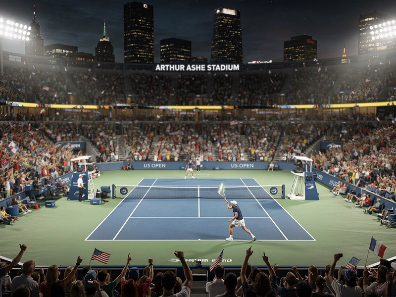 Arthur Ashe Stadium di New York illuminato durante sessione serale