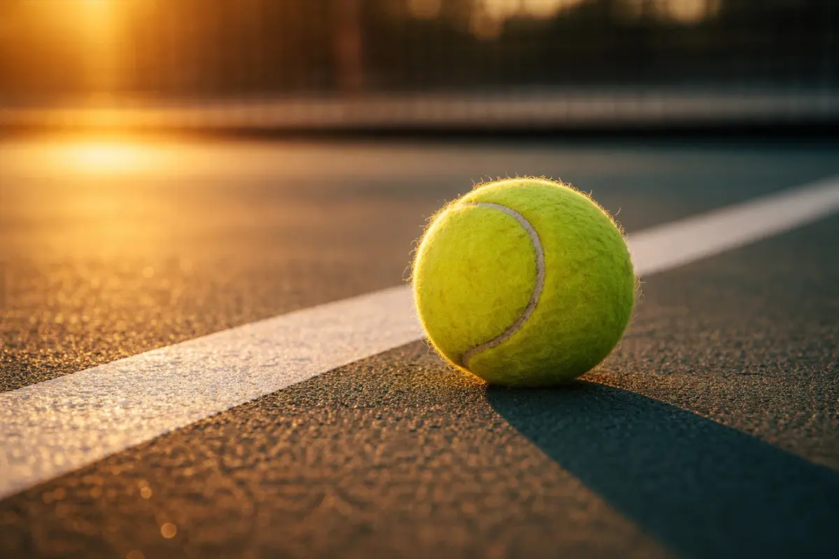 Primo piano di una pallina da tennis su un campo in cemento con luce radente